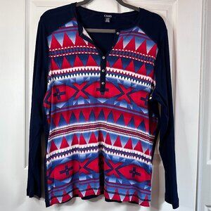 Chaps Women Plus 1X Navy Red Henley Tee Long Sleeve Southwestern Aztec Tribal